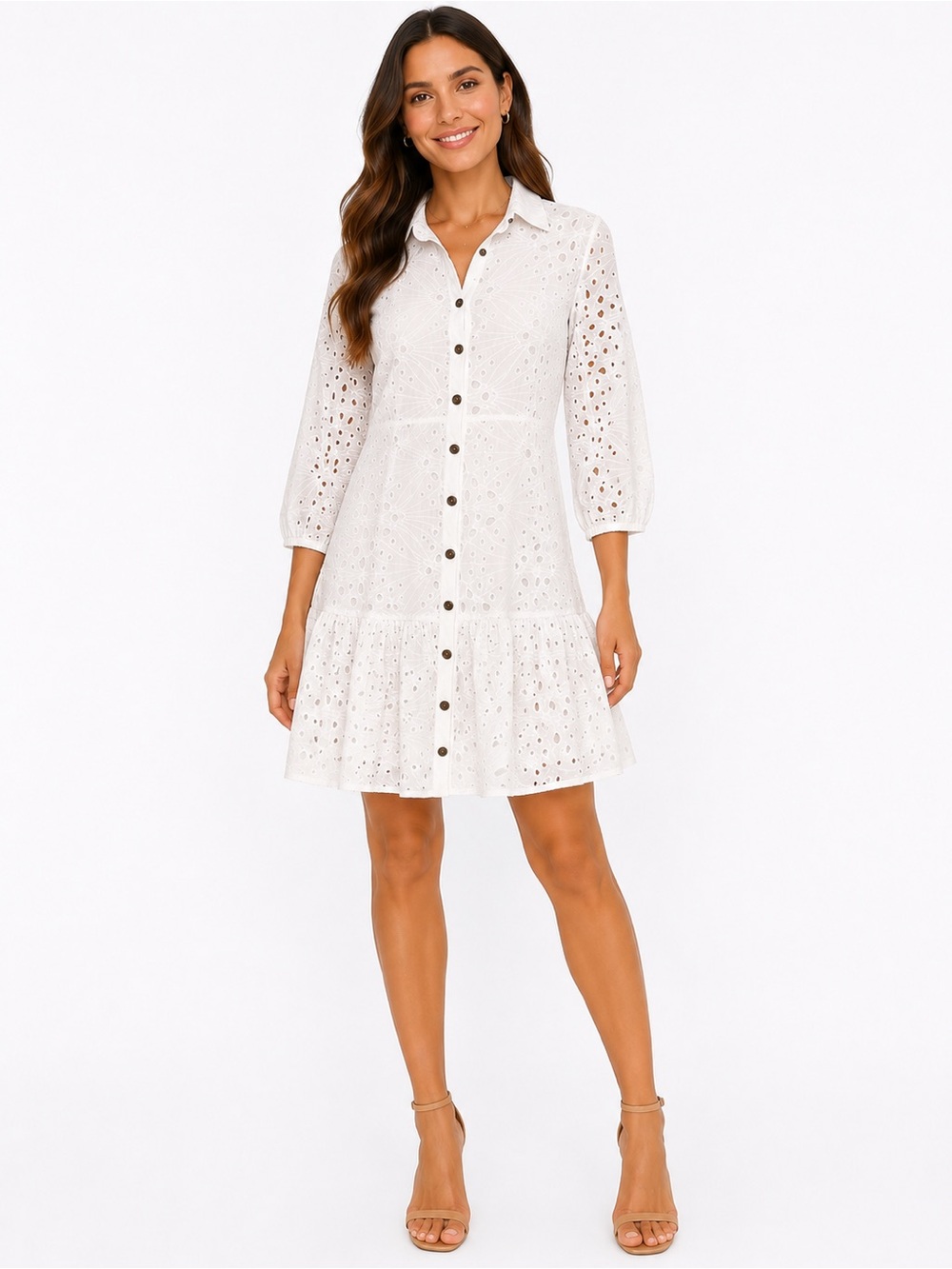 Zara White Eyelet Shirt Dress Collared Button Front Embroidered Size Small